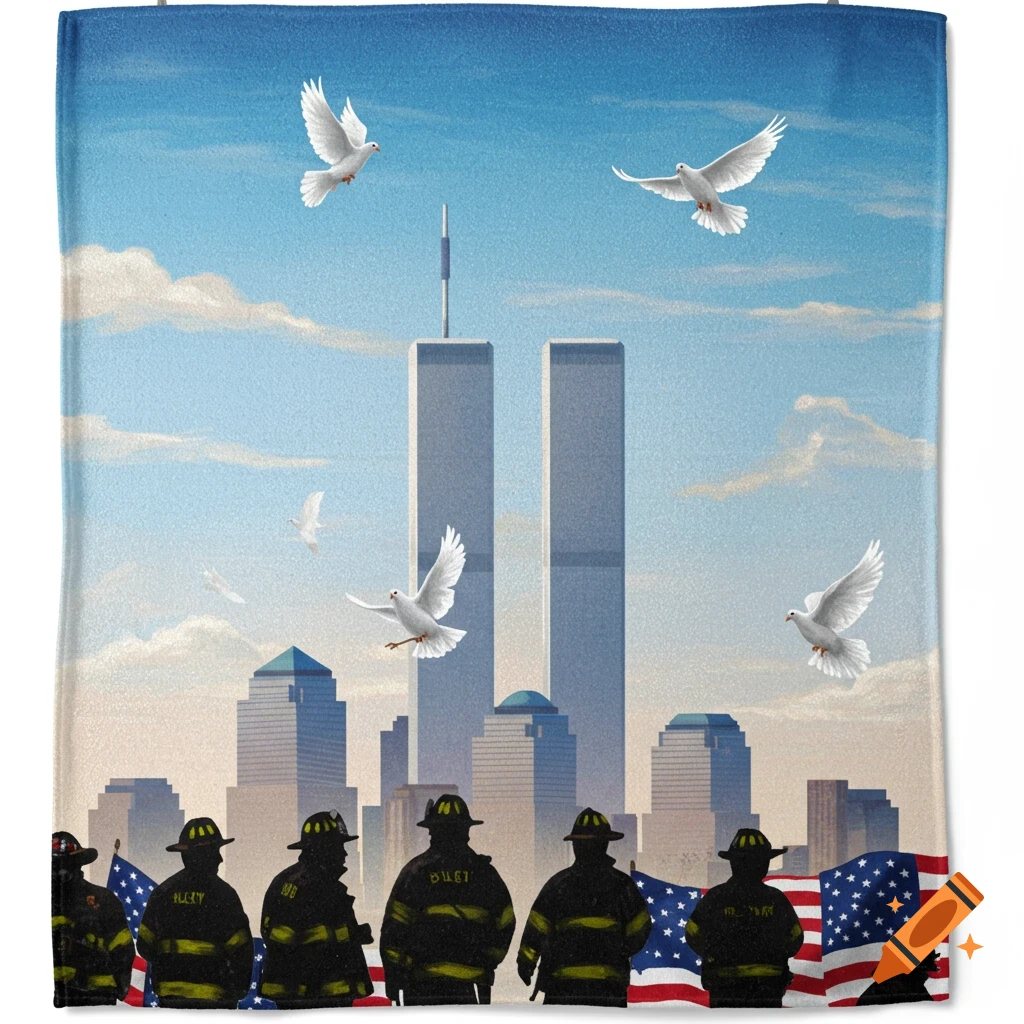 Painting of the Twin Towers and New York City skyline with doves flying, American flags, and silhouettes of firefighters in the foreground.