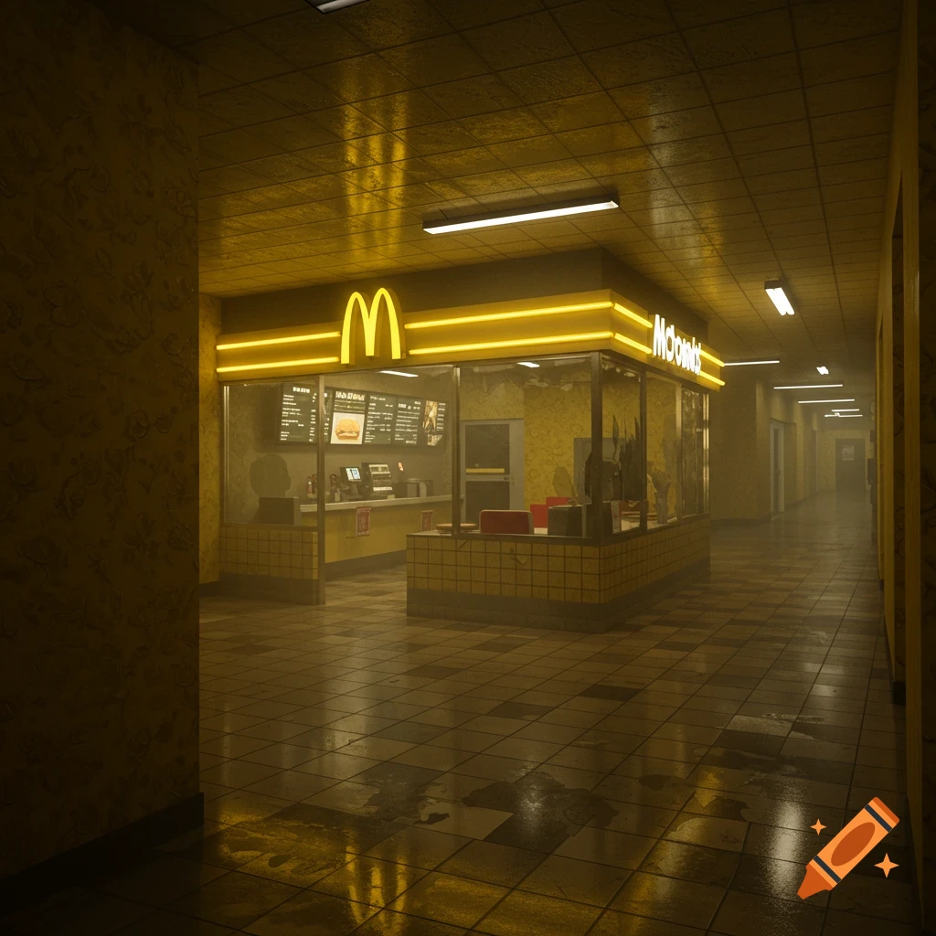 A McDonald's restaurant kiosk with glowing yellow arches and lights, set in a dark, yellowish, tiled hallway reminiscent of the Backrooms, with wet spots on the floor.