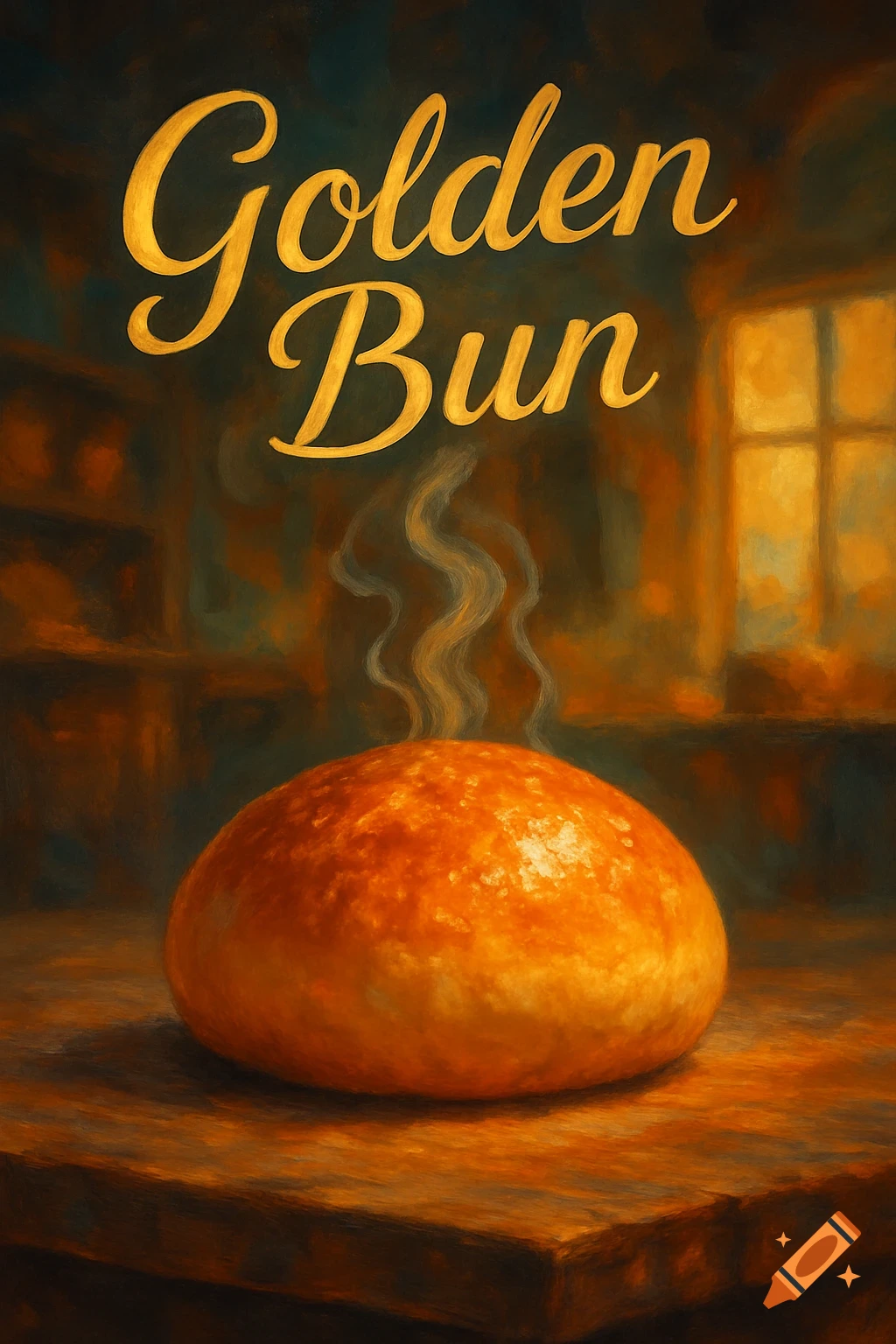 A golden, steaming bun on a wooden table, with 'Golden Bun' text, in a warm, painterly kitchen scene.