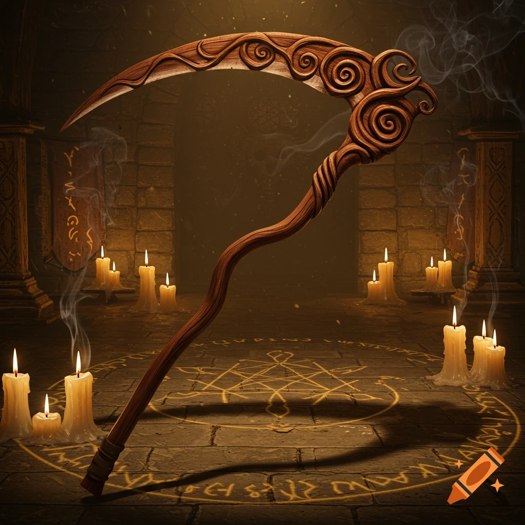 A decorative wooden scythe with ornate spirals, standing upright in a dimly lit, ancient stone chamber. Numerous lit candles surround ritualistic symbols glowing on the floor.