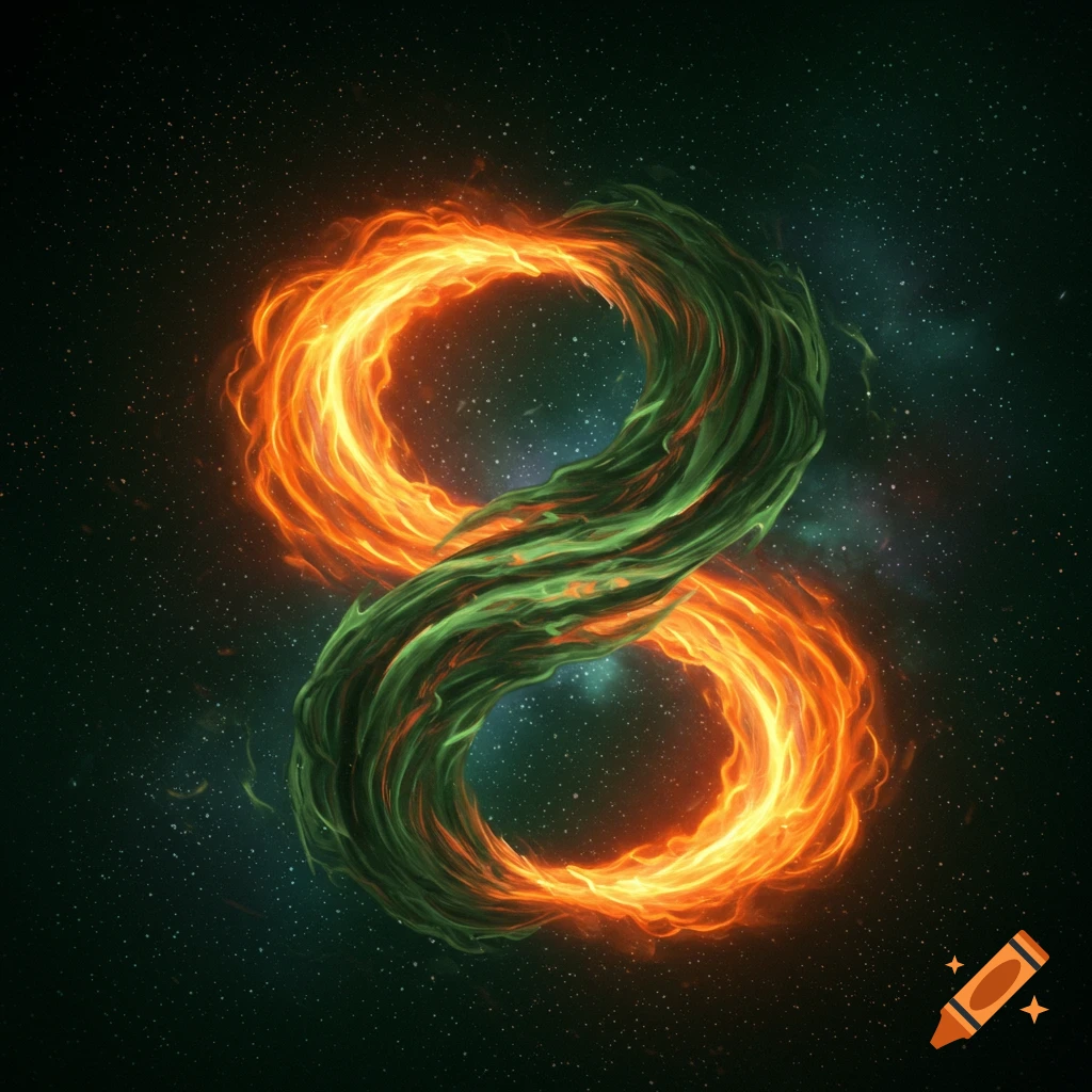 Glowing green and orange intertwined flames form a figure-eight symbol against a dark, starry cosmic background.