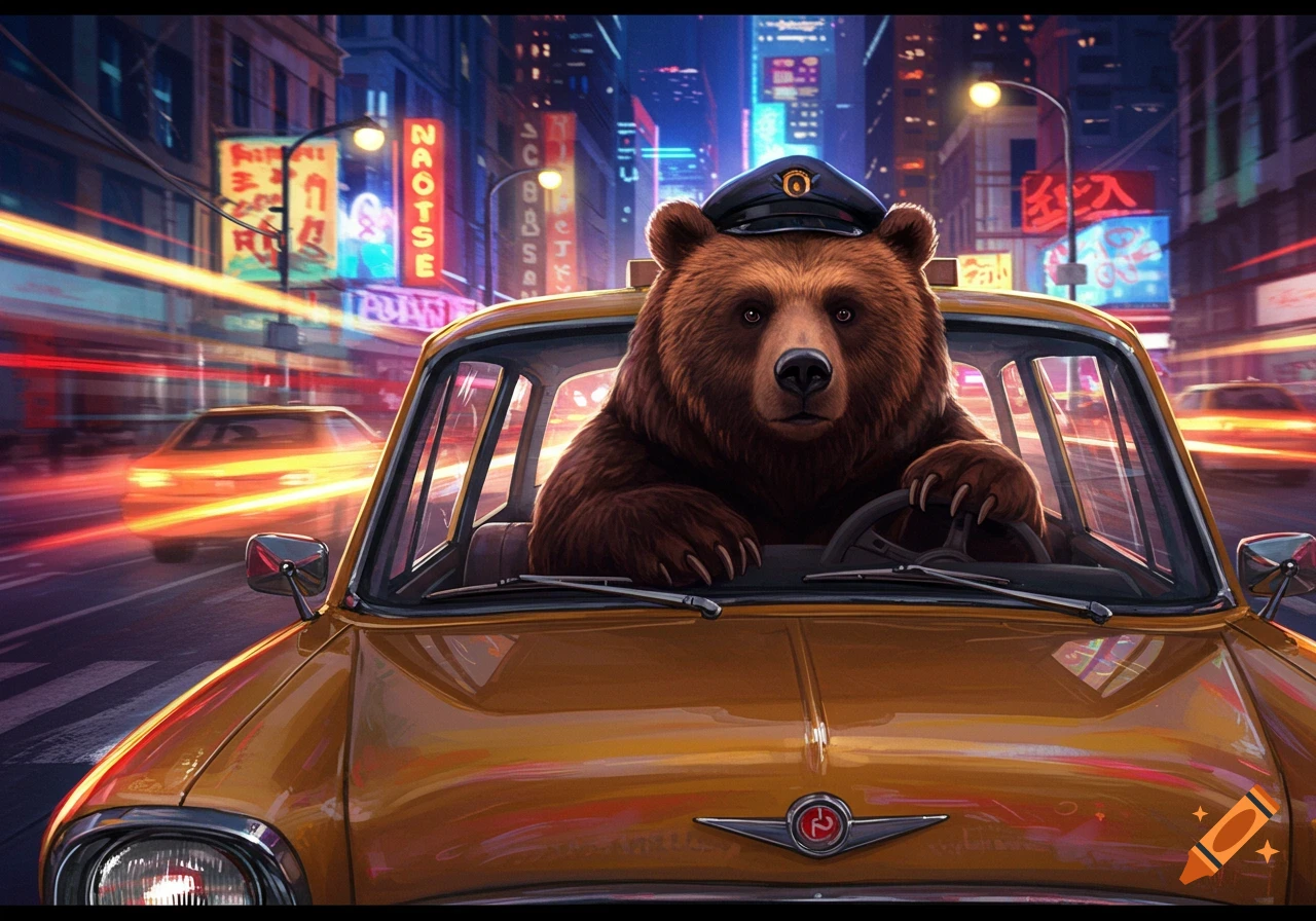 A brown bear wearing a chauffeur's cap drives an orange taxi through a neon-lit city street at night, with motion blur.