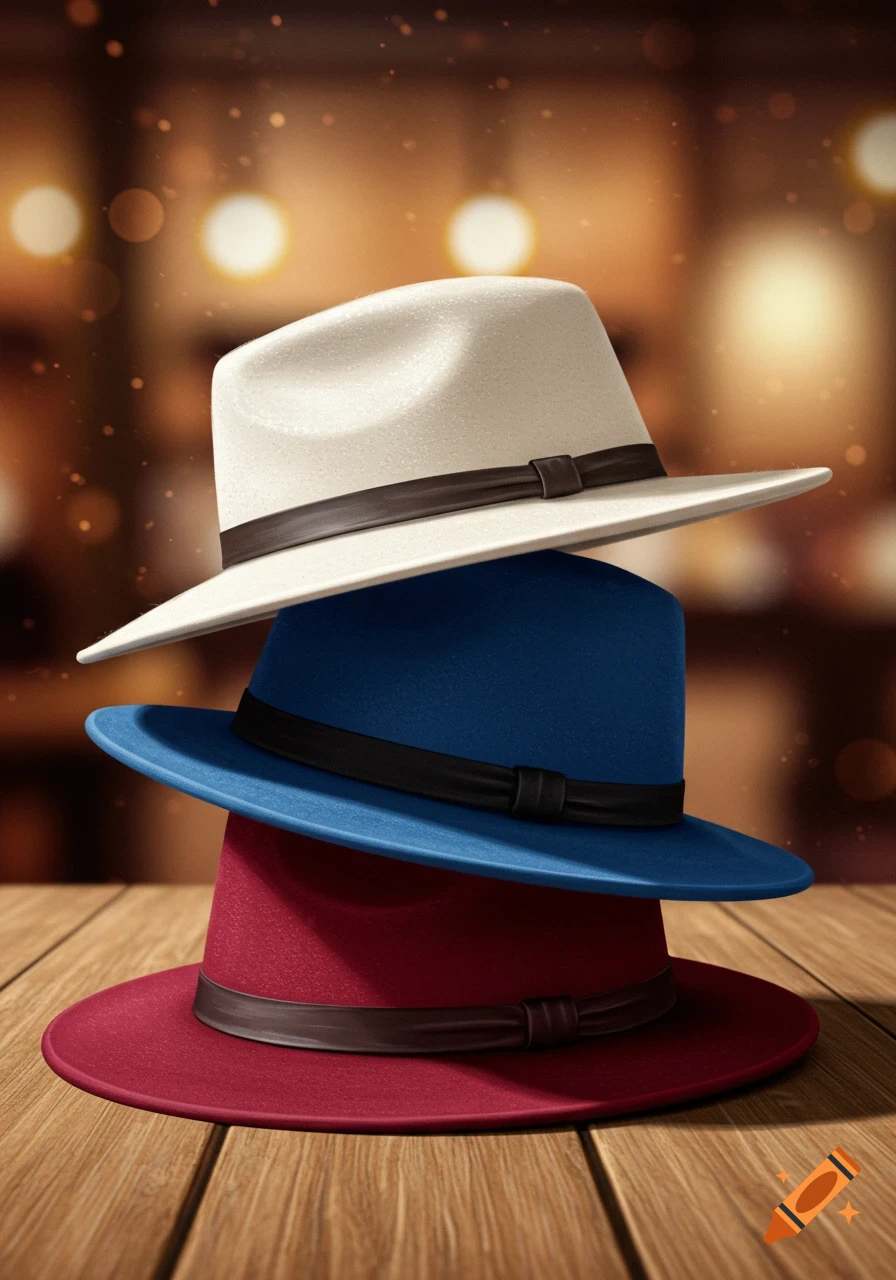Stacked white, blue, and red fedora hats with dark bands on a wooden table, blurred bokeh background.