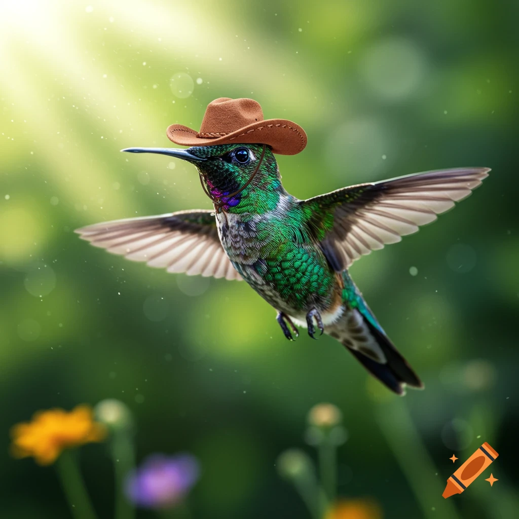 Photorealistic hummingbird wearing a brown cowboy hat, flying in a vibrant green natural background with sunlight.