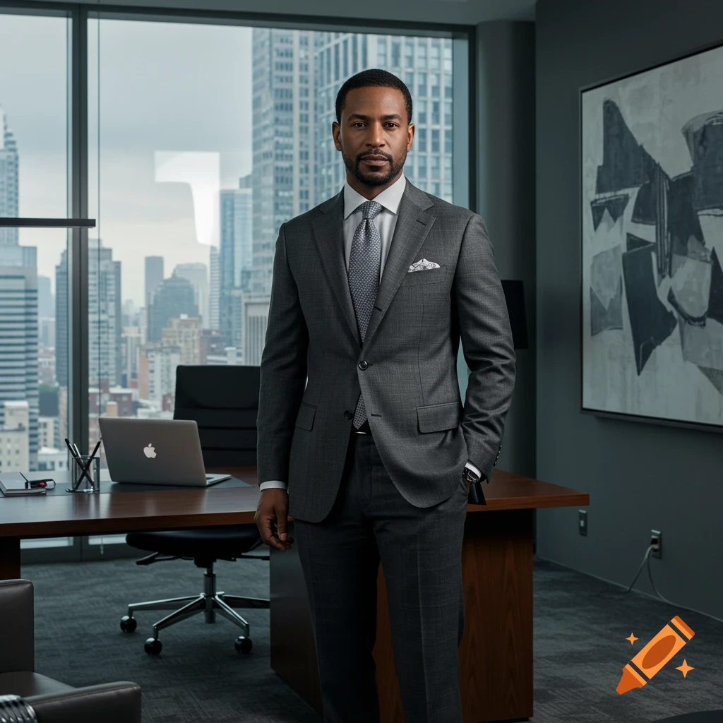 A well-dressed man in a gray suit stands in a modern office with a city skyline view.