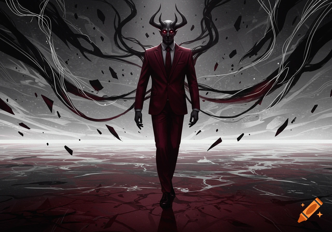 A red-eyed, horned demon in a maroon suit stands on a reflective red surface against a chaotic dark and grey abstract background.