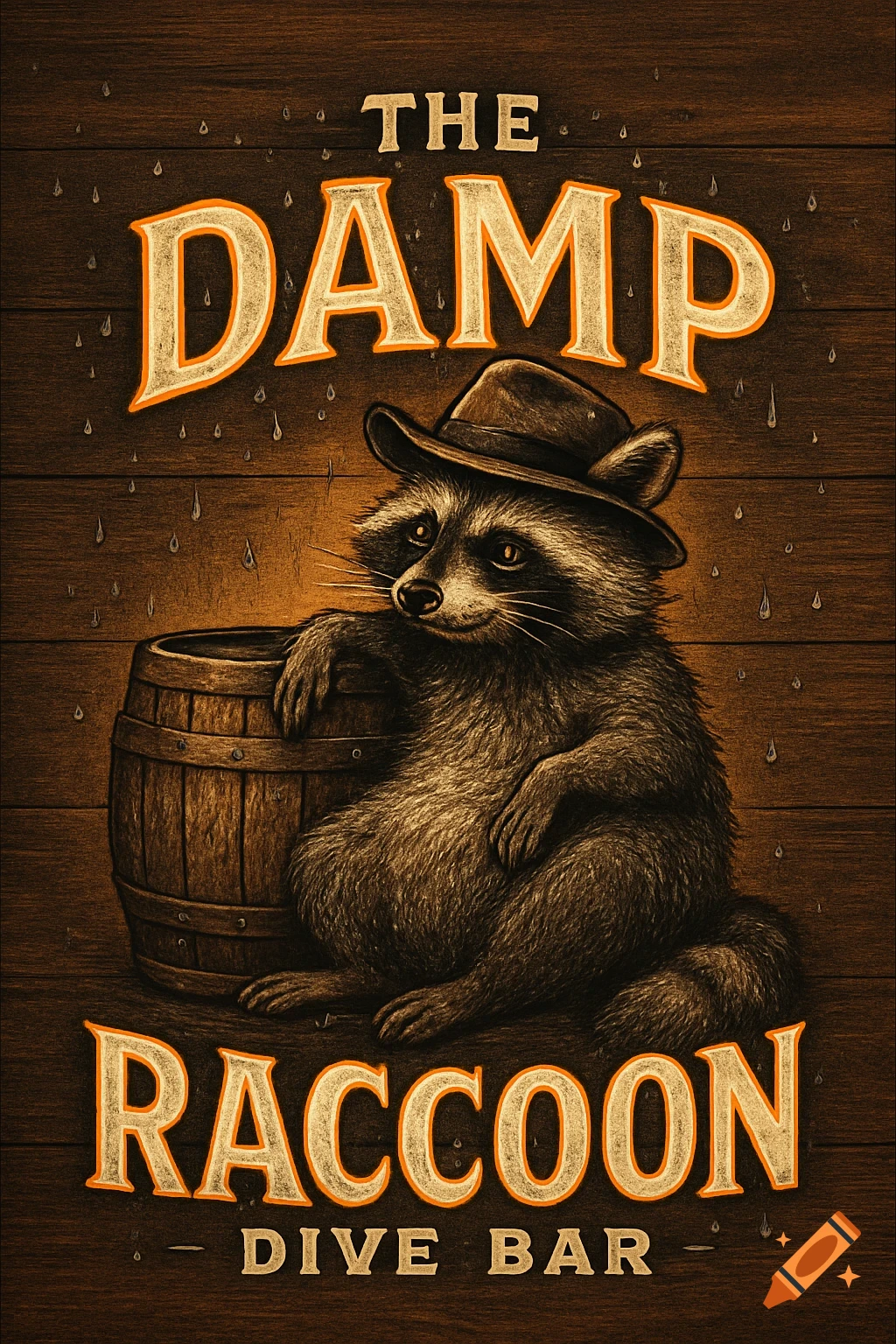 Stylized illustration of a raccoon in a hat leaning on a barrel, with "The Damp Raccoon Dive Bar" text on a wooden sign.