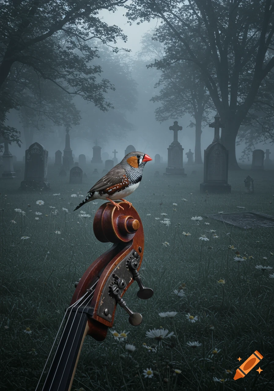 A photorealistic zebra-finch perched on an upright bass scroll in a misty, overgrown graveyard with tombstones.