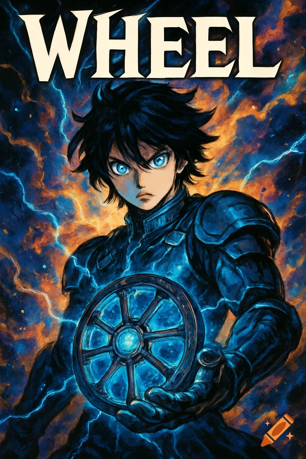 Manga cover titled WHEEL, featuring an anime boy in armor with glowing blue eyes holding a magical wheel amidst lightning.