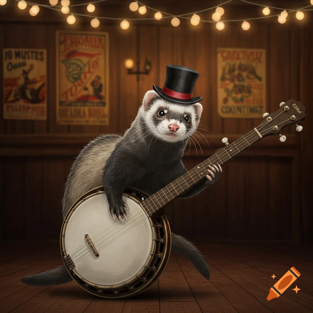 A cute ferret wearing a black top hat plays a banjo on a wooden stage under string lights.