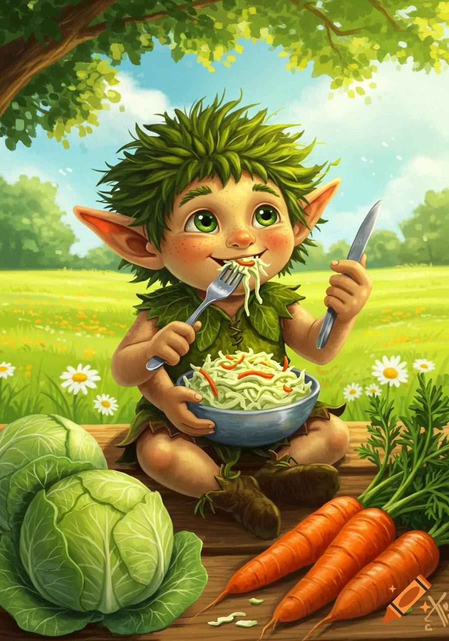 A cheerful, green-haired, elf-like creature in a forest setting happily eats coleslaw with a fork and knife, surrounded by cabbages and carrots. Digital art.