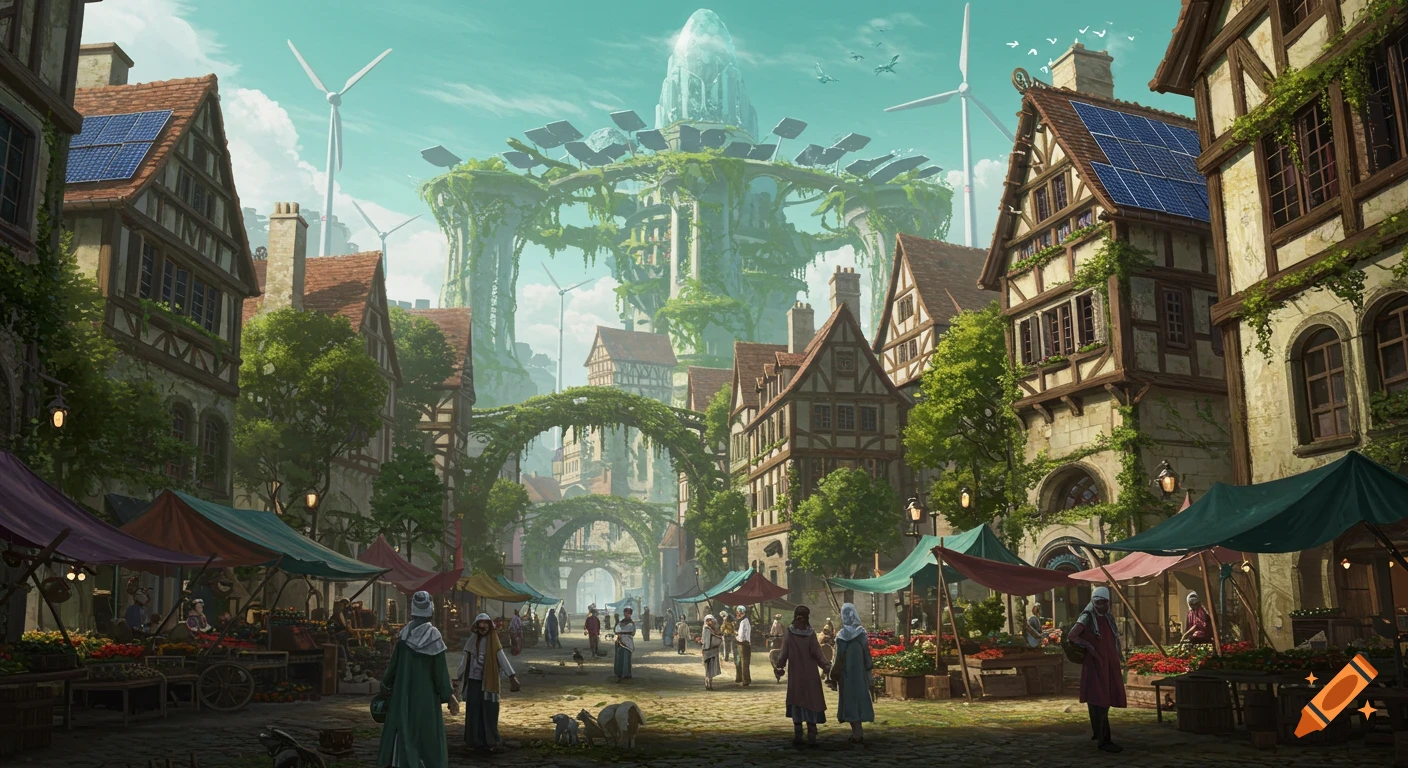 A vibrant solarpunk medieval city market street with half-timbered buildings, solar panels, wind turbines, and a large crystal structure.