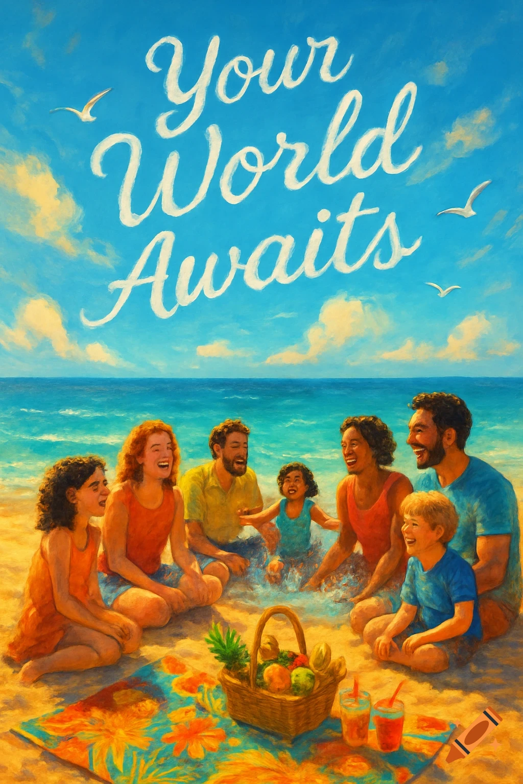 A painterly image of a diverse family and friends laughing on a sunny beach, with 'Your World Awaits' in the sky.