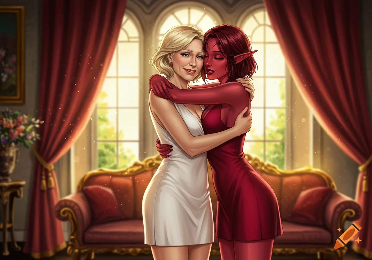 Digital illustration of a blonde human woman and a red-skinned elf woman in dresses hugging in a noble estate.