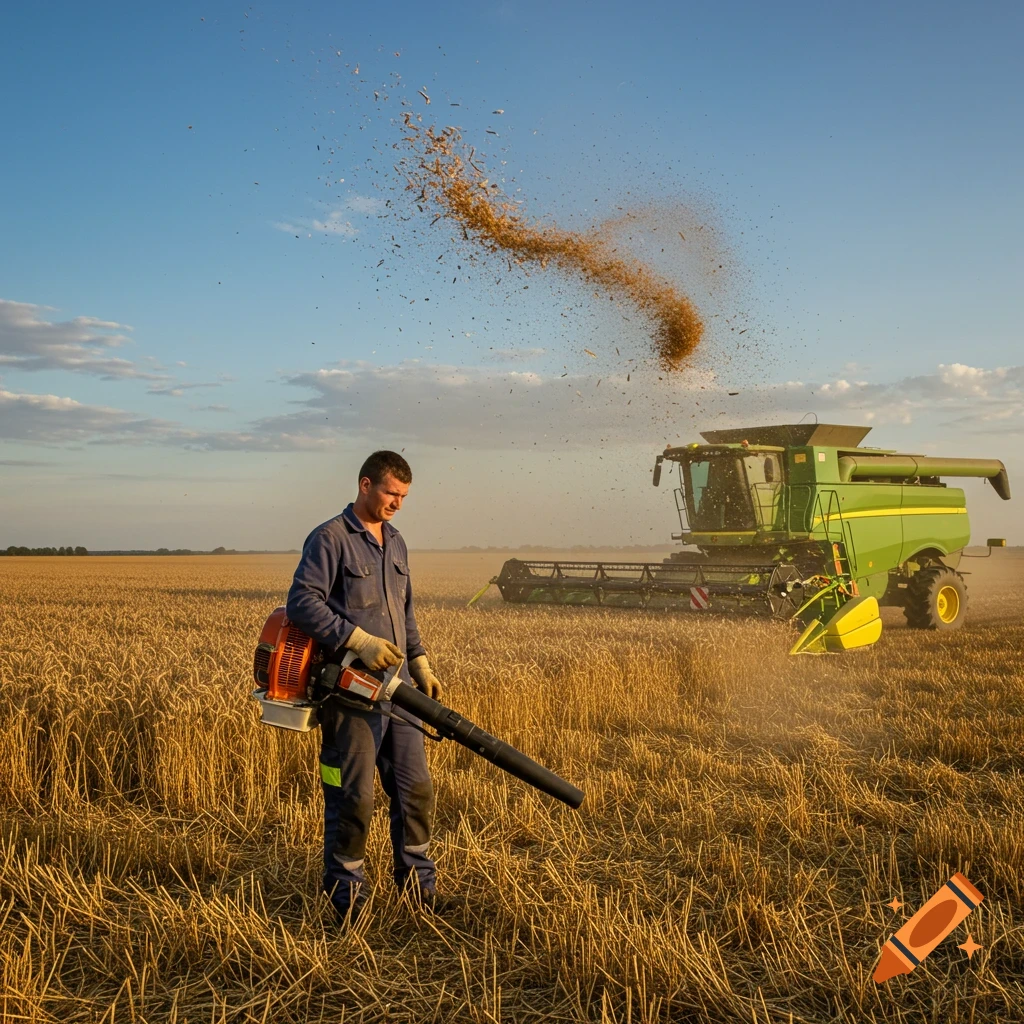 A man in coveralls uses a leaf blower in a field, with a combine harvester in the background, under a blue sky at sunset.