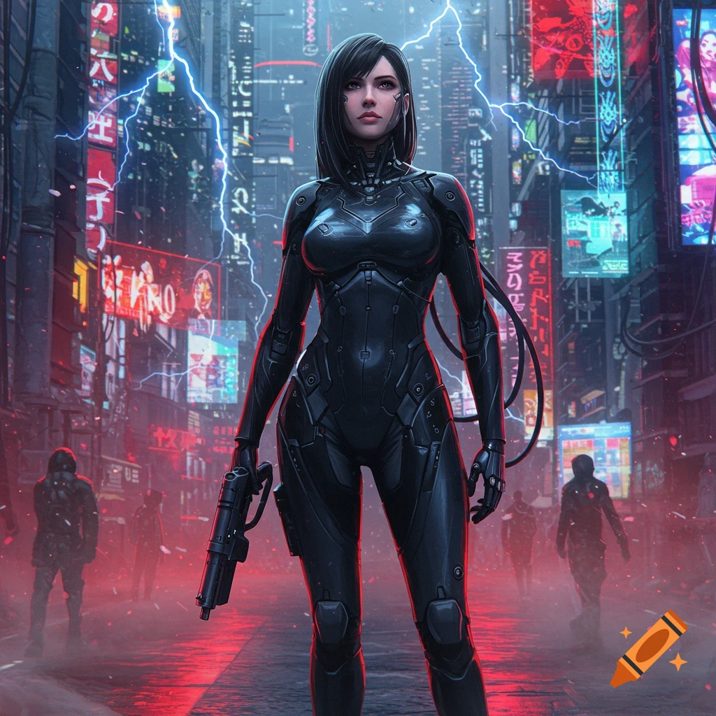 A woman in a black sci-fi suit holds a gun in a neon-lit cyberpunk city street with lightning and rain.
