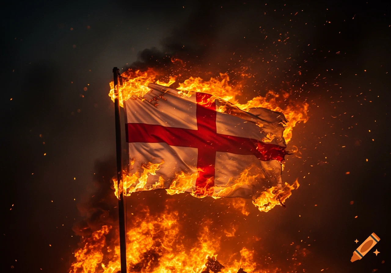 Photorealistic image of the white St George's flag with a red cross, engulfed in bright orange flames and smoke against a dark background.