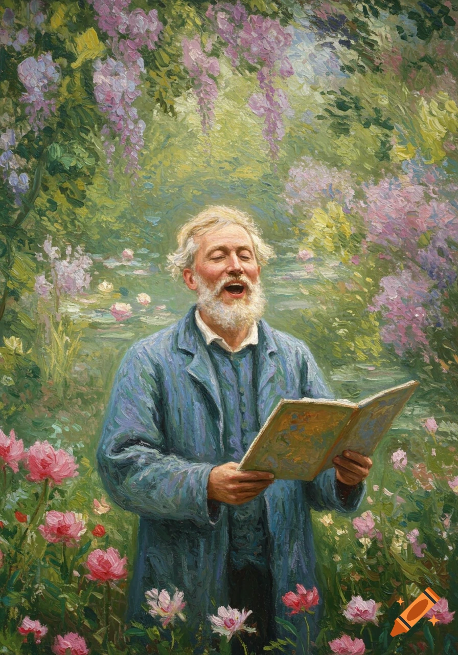Impressionistic painting of an old man with a white beard singing while holding an open book in a vibrant flower garden.