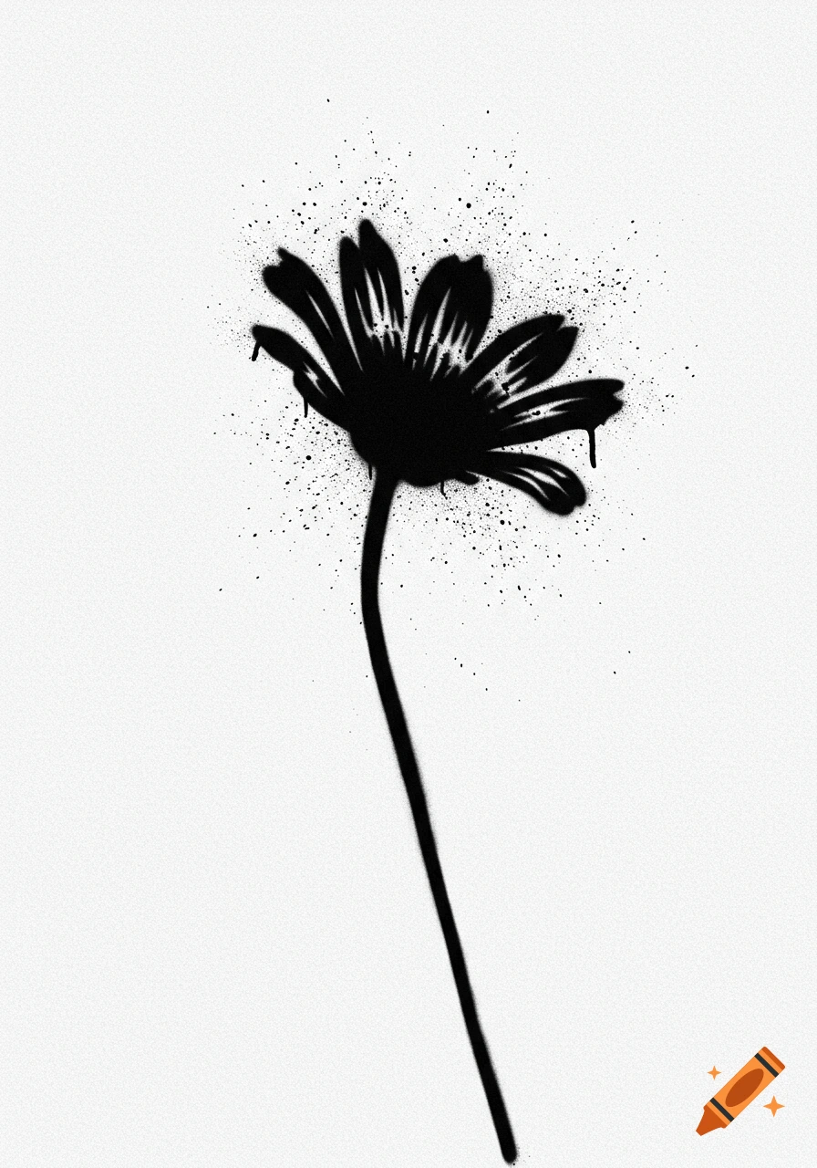 A black spray-painted flower with splatters on a white background.