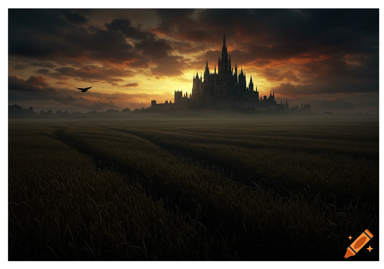 A dark, ominous castle with spires stands in the misty distance across a field of tall crops under a dramatic sunset sky, with a bird flying.