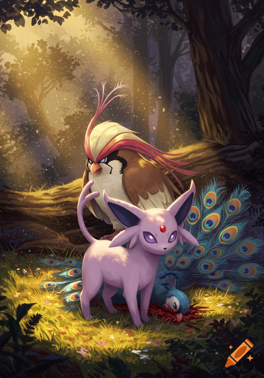 A pink Espeon and Pidgeot stand in a sunlit fantasy forest next to a dead peacock.