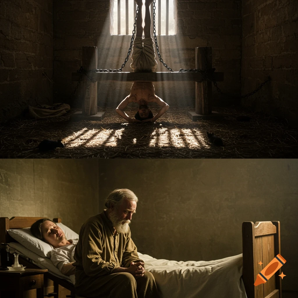Two realistic scenes: a man inverted and chained in a dim prison cell, and an old man sitting sorrowfully beside a woman in bed.