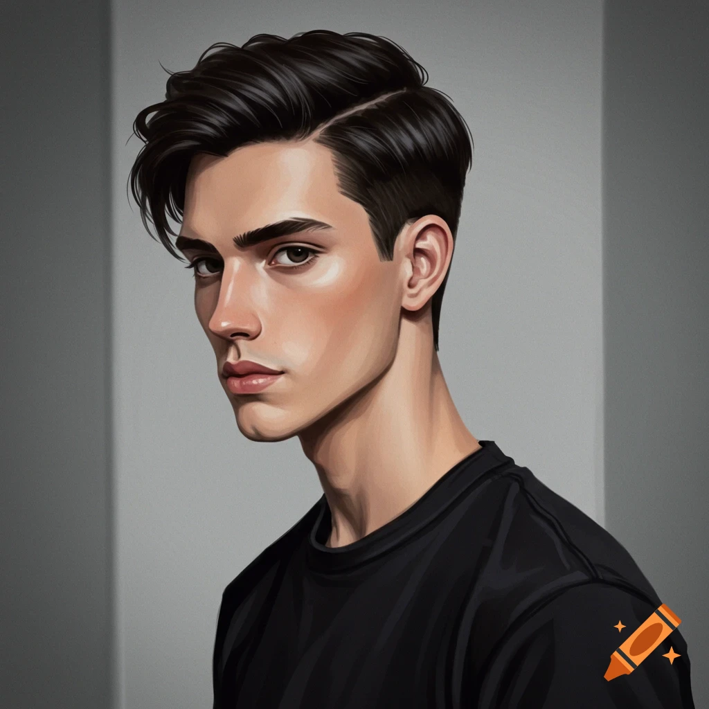 Digital art portrait of a young man with dark, textured hair in a taper fade, wearing a black t-shirt, looking slightly to the side.