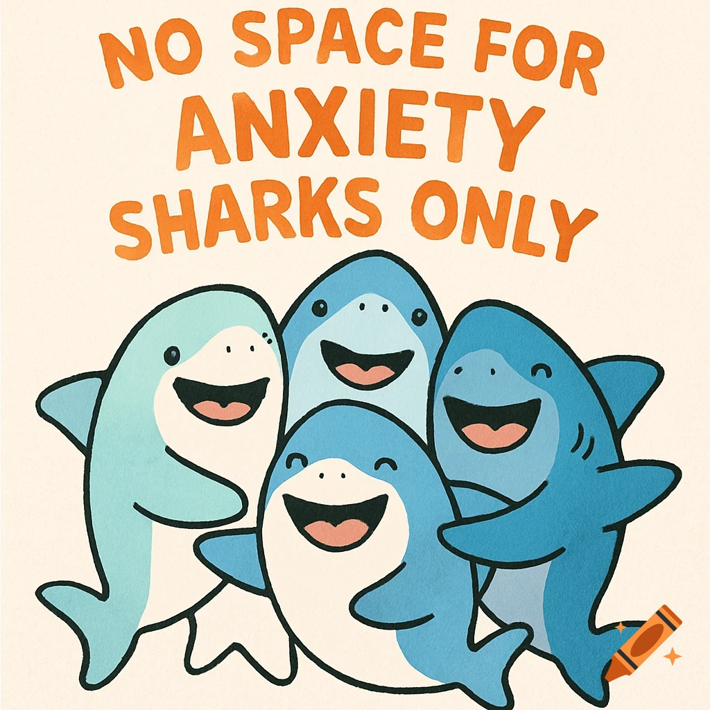A group of friendly, smiling cartoon sharks hugging. Above them, text reads: 'NO SPACE FOR ANXIETY SHARKS ONLY'.