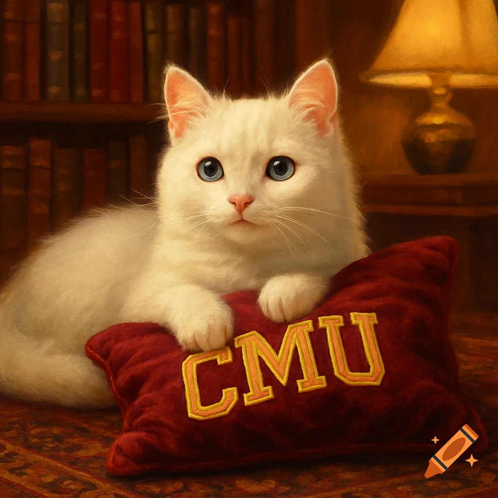 Fluffy white cat with blue eyes rests on a red pillow embroidered with 'CMU' in a cozy library setting.