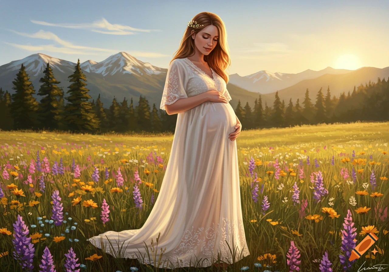 A pregnant woman in a white dress stands gently cradling her belly in a vibrant field of wildflowers, with mountains and a sunset behind her.