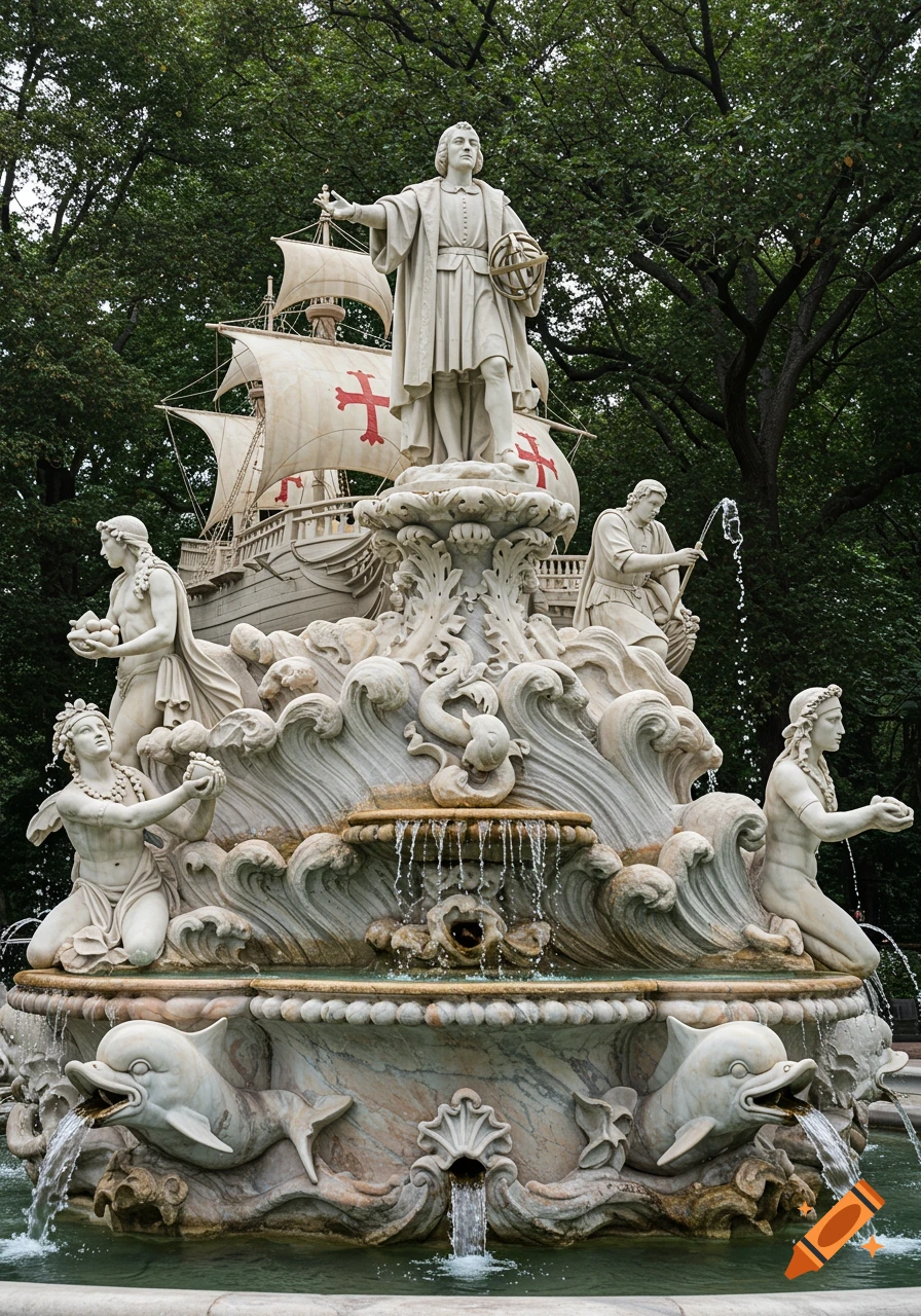 Elaborate marble fountain depicting Christopher Columbus, ships with red crosses, Taino figures, waves, and dolphins.