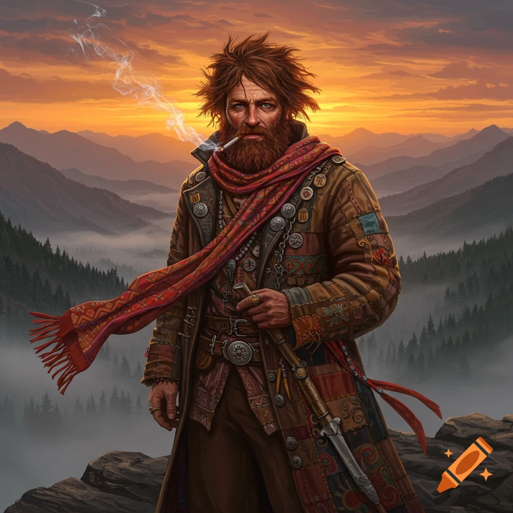 A detailed portrait of a rugged, bearded man smoking, wearing a patched coat and scarf, standing in foggy mountains at sunset.