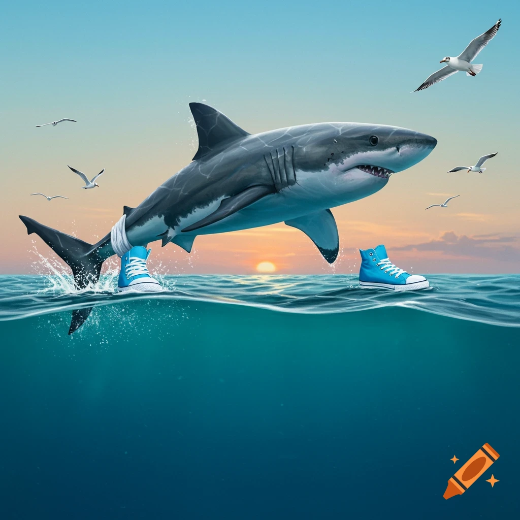 A photorealistic image of a great white shark leaping out of the ocean at sunset, wearing bright blue sneakers, with seagulls flying nearby.