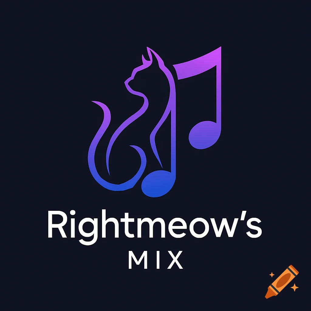 Stylized logo featuring a purple and blue gradient cat silhouette integrated with musical notes, above the text 'Rightmeow's MIX'.