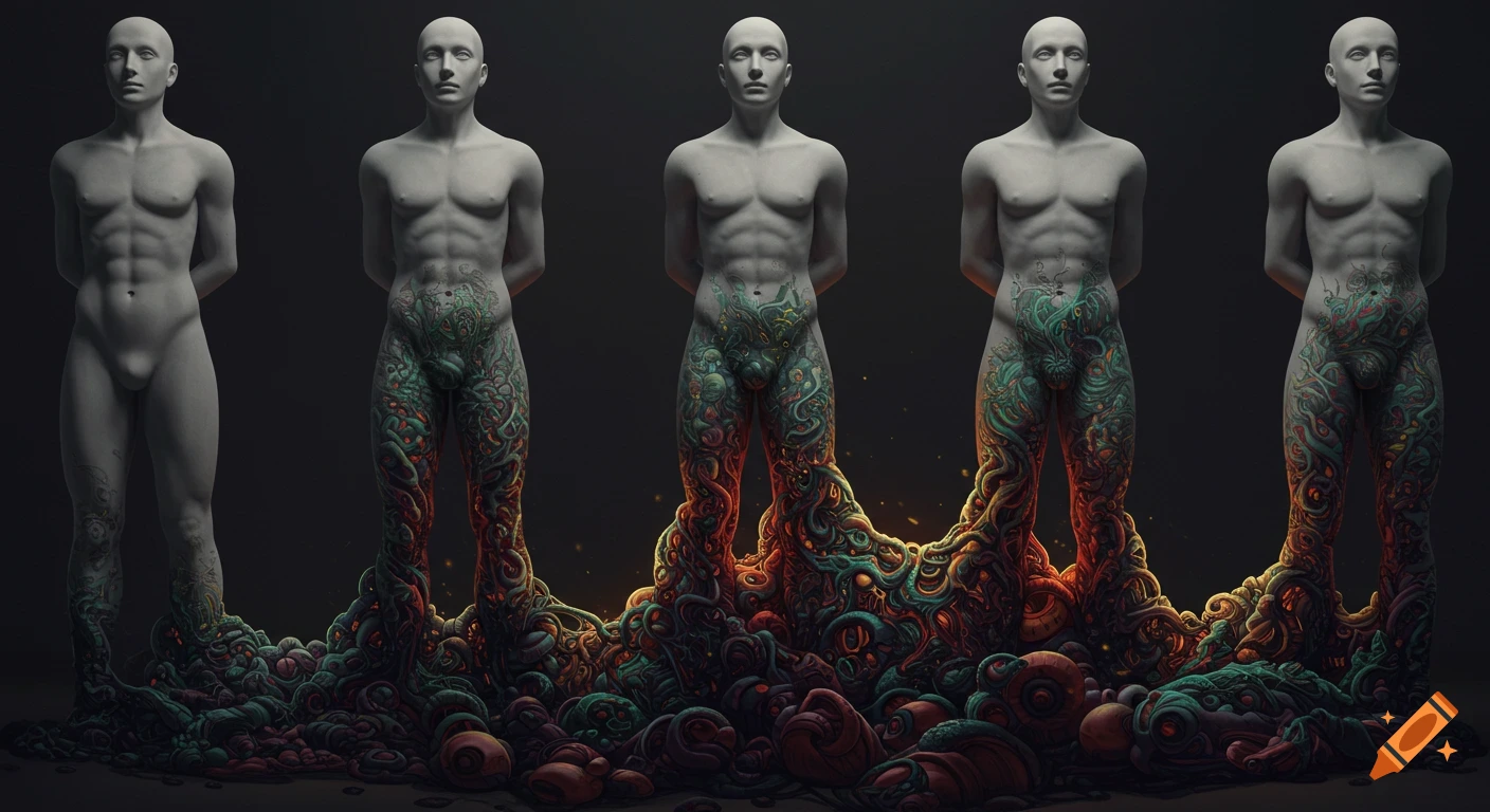Five bald, smooth male figures, like statues, with their lower bodies transforming into colorful, writhing organic masses against a dark background.