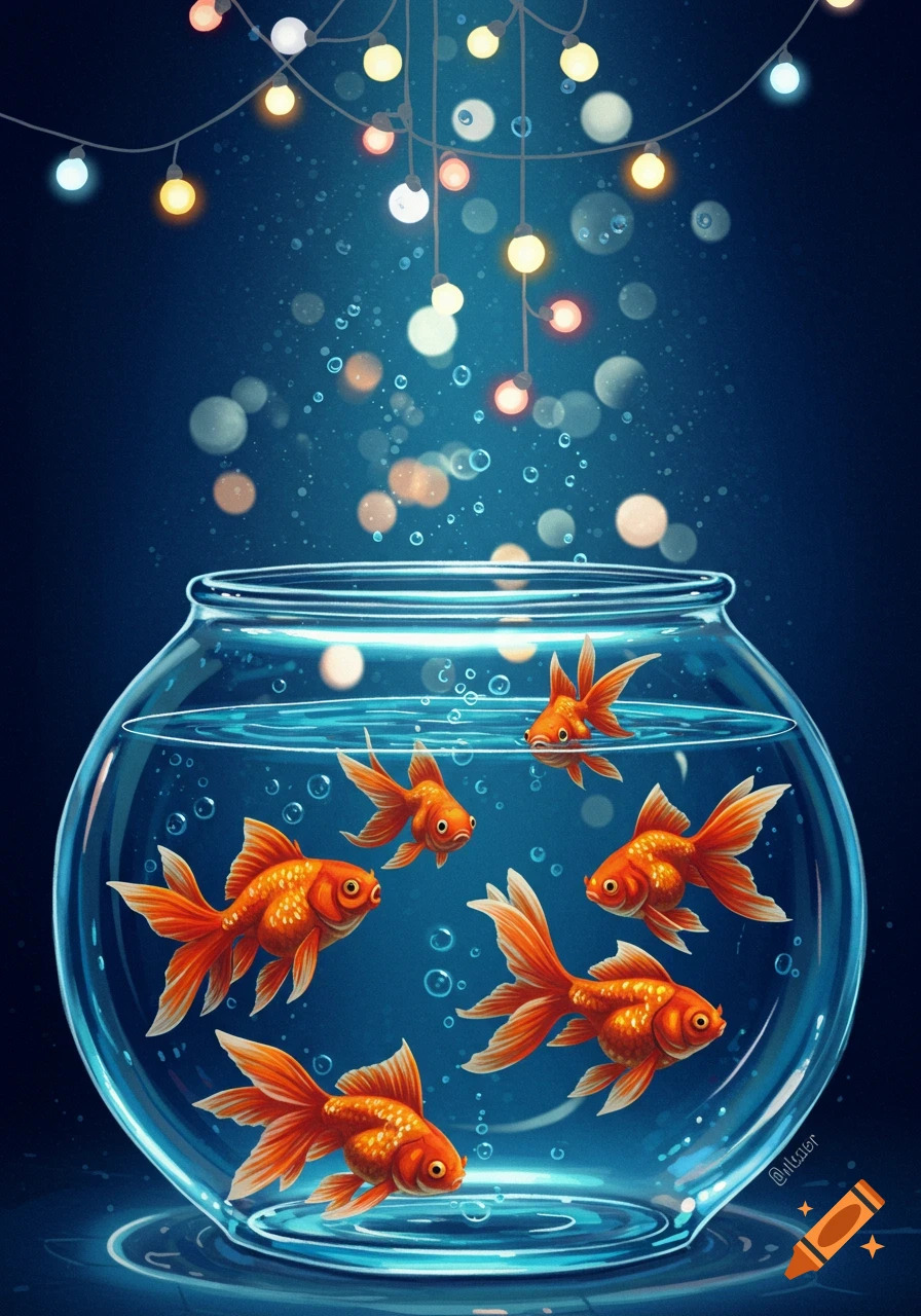 Illustration of orange goldfish swimming in a clear fishbowl, looking up at colorful string lights against a dark blue background.