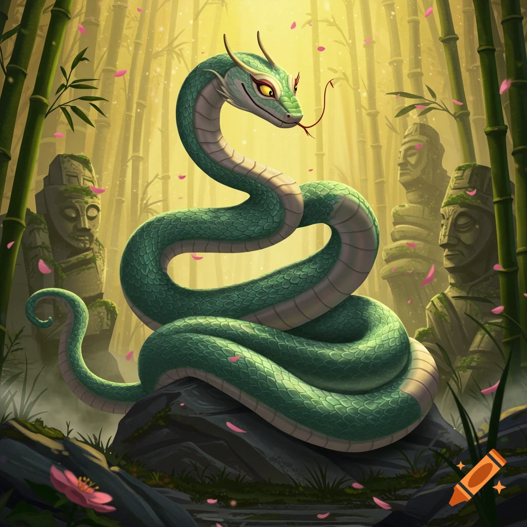 A vibrant, stylized green snake, similar to Master Viper, coils among pink petals in a lush bamboo forest with ancient stone statues.