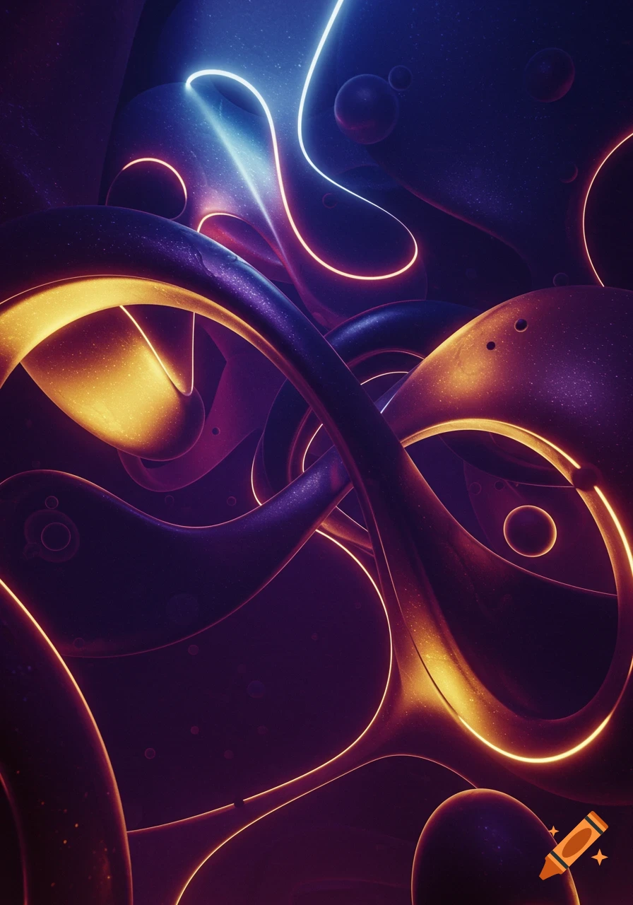 Abstract digital art with glowing neon lines intertwining with smooth purple and orange shapes on a dark background.