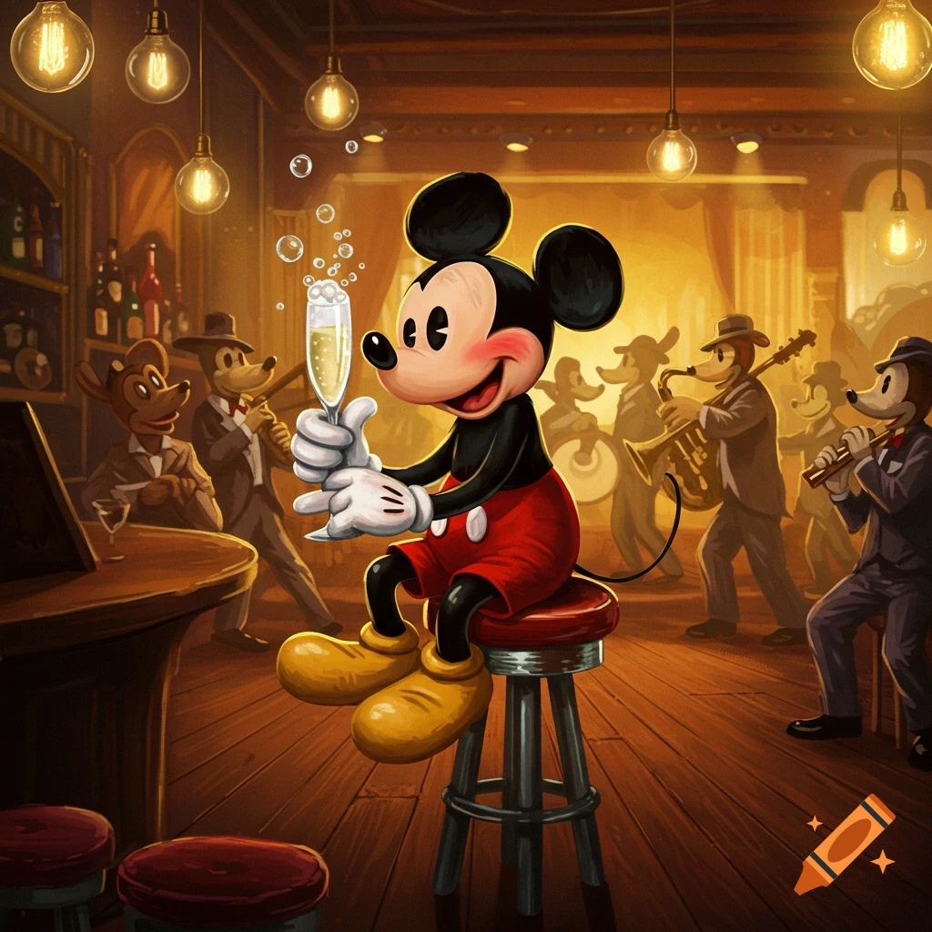 Mickey Mouse sits on a bar stool, happily holding a glass of champagne in a dimly lit jazz bar with other cartoon animals playing instruments.