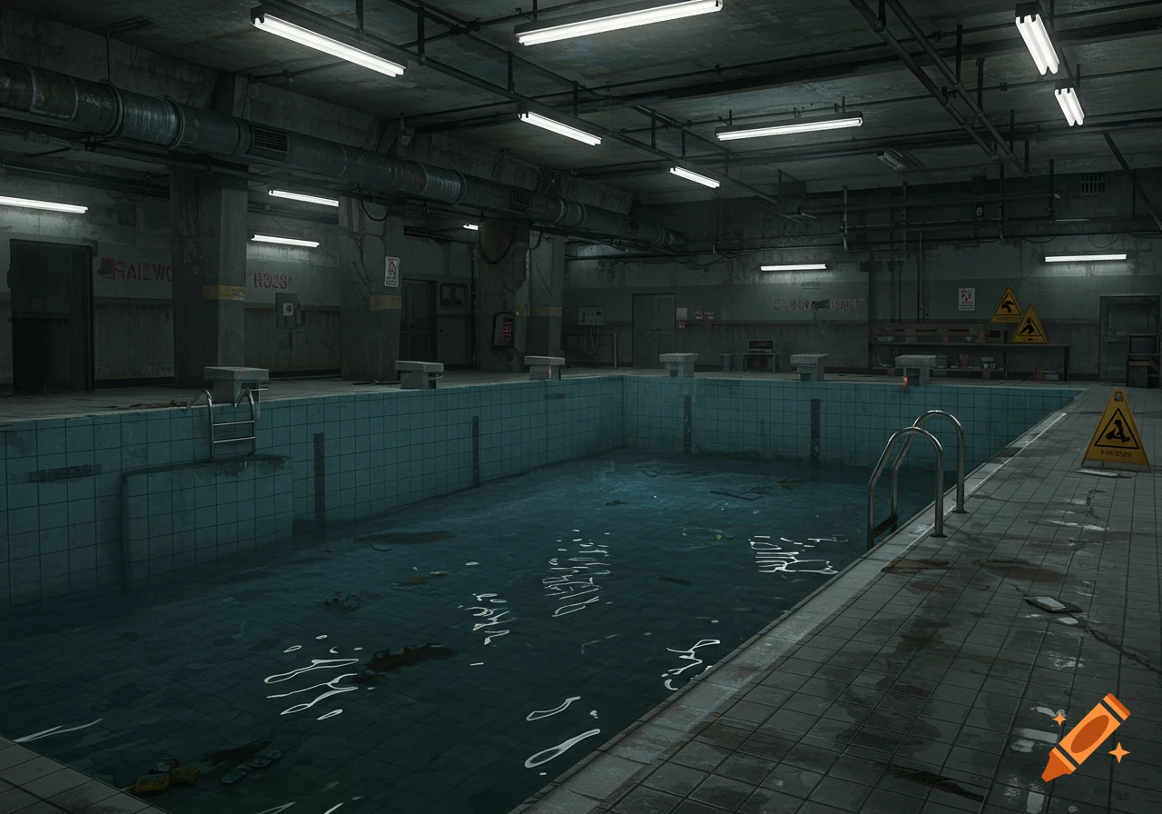 An abandoned, decaying indoor swimming pool with murky water and dirty tiles in an industrial setting, with pipes overhead. Photorealistic.