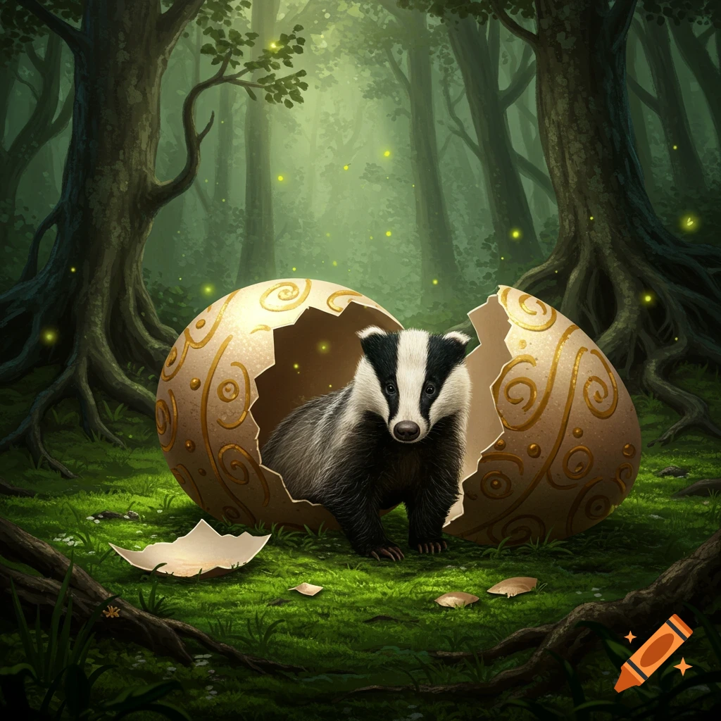 A badger emerges from a golden, decorative egg in a lush, enchanted forest with glowing fireflies. Illustrated.