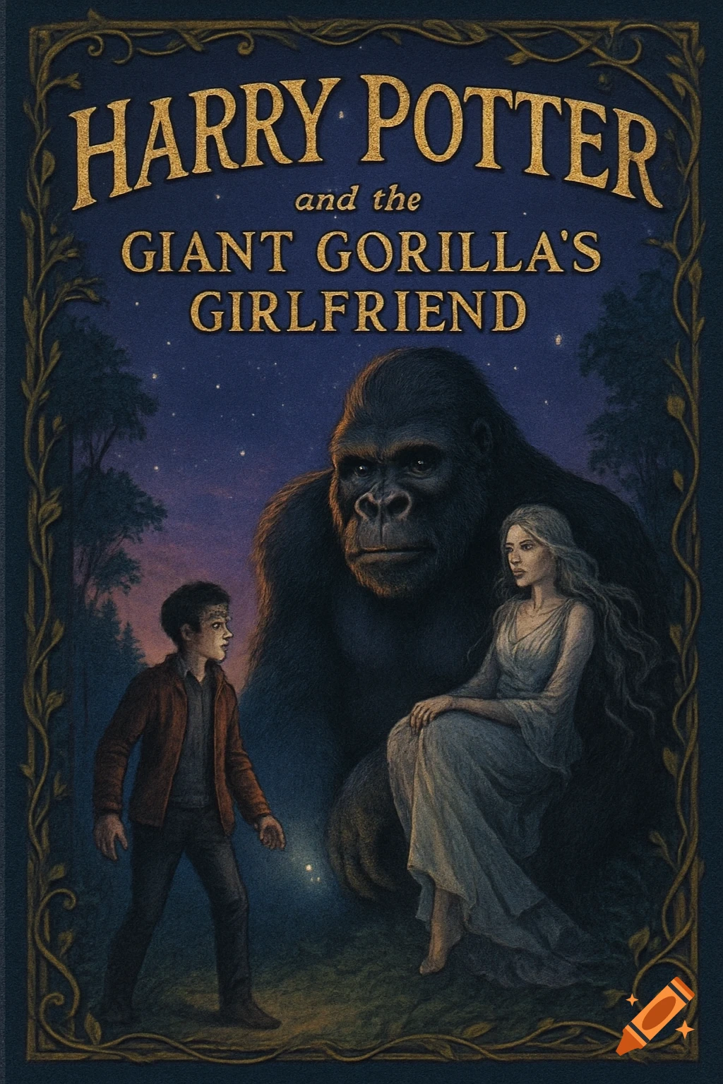 Illustrated book cover titled "Harry Potter and the Giant Gorilla's Girlfriend." Harry stands left, a large gorilla behind him, and a woman sits right, all under a starry night sky.