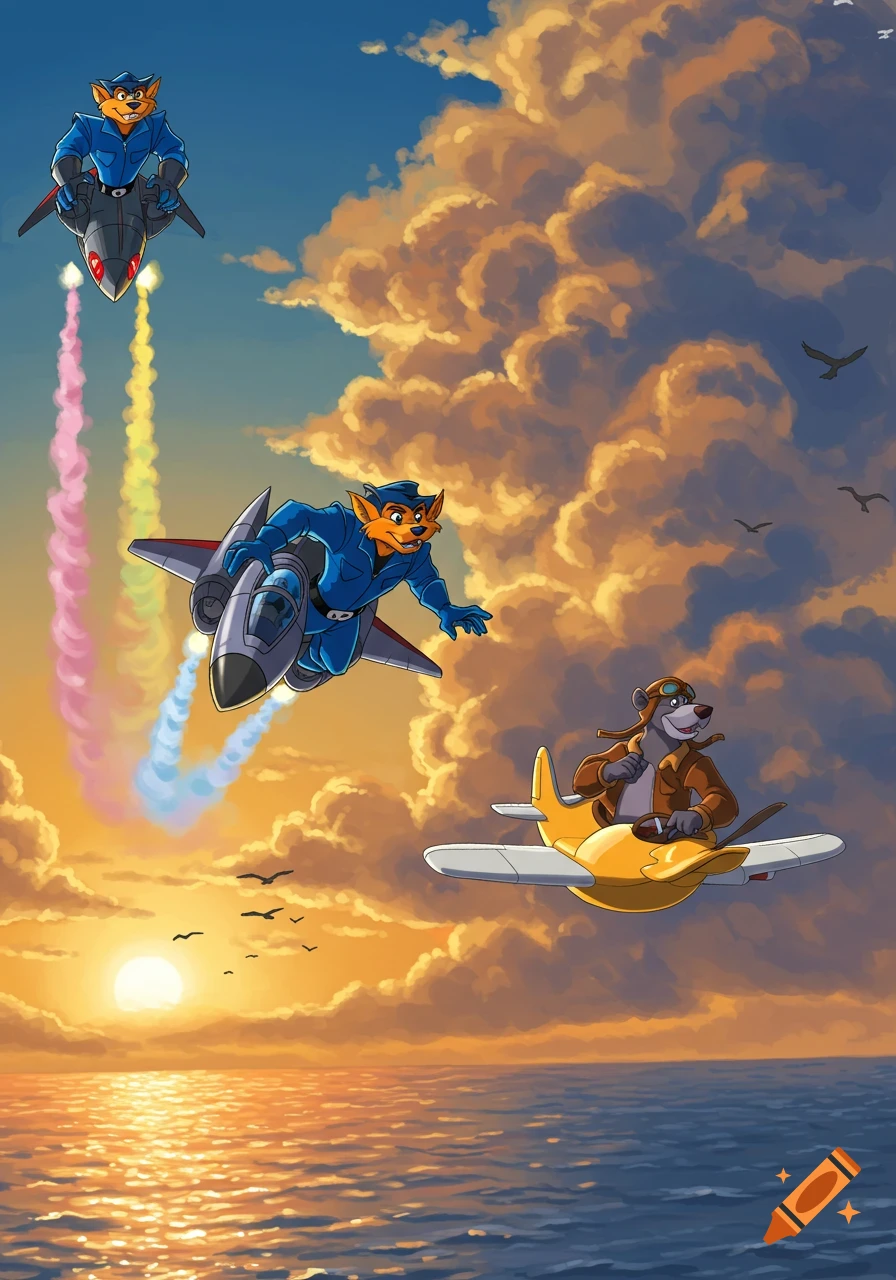 Cartoon anthropomorphic fox and bear characters fly a rocket, jet, and biplane over a sunlit ocean at sunset.