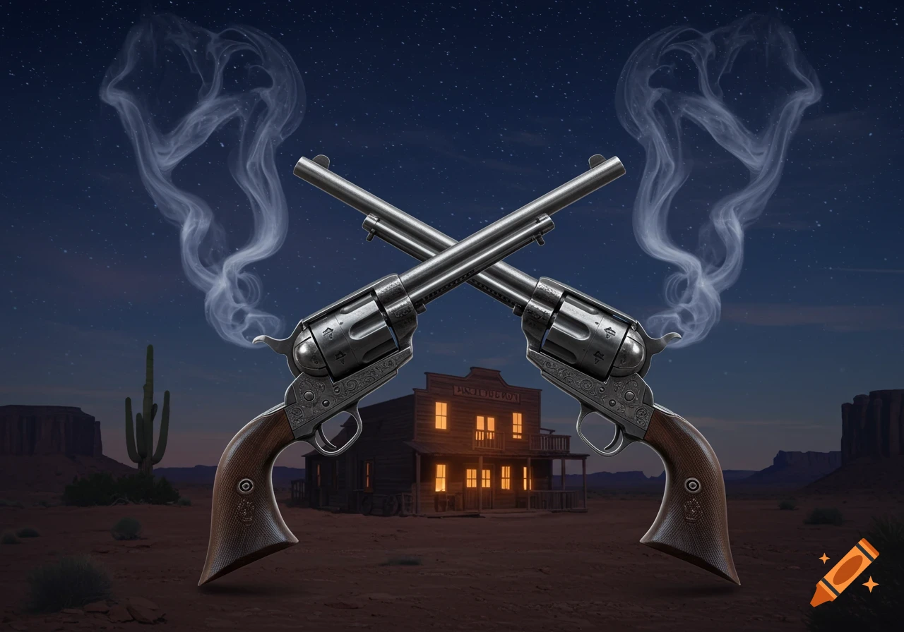 Two smoking revolvers crossed in an X-shape against a desert night sky with a saloon and cacti.