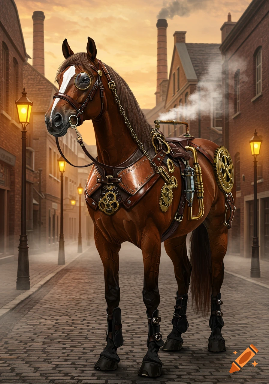 A majestic brown horse adorned in elaborate steampunk leather and brass gear stands on a cobblestone street at dusk.