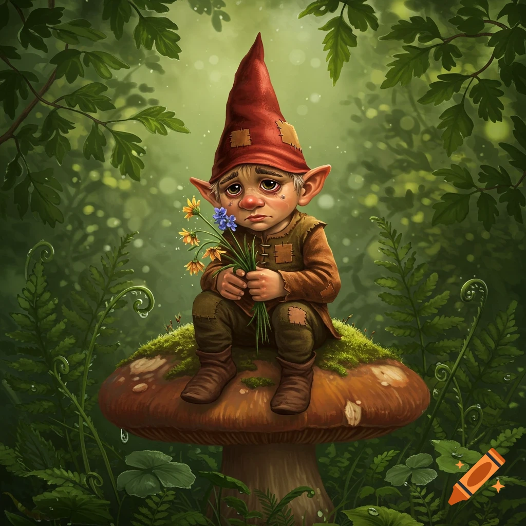 A sad gnome with a red hat holds a small bouquet of wildflowers, sitting on a large mushroom in a lush green forest.