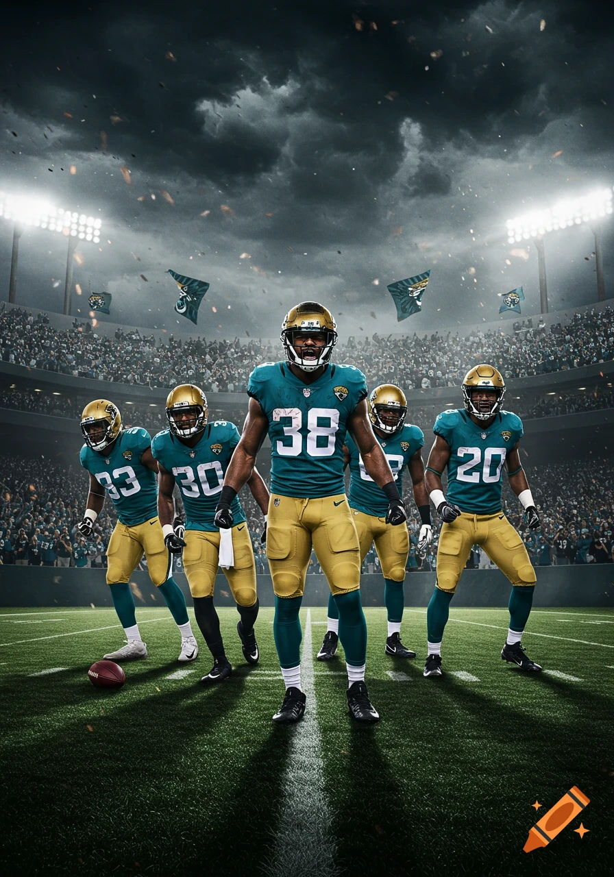 Photorealistic image of five American football players in Jacksonville Jaguars uniforms on a stadium field under a stormy sky.