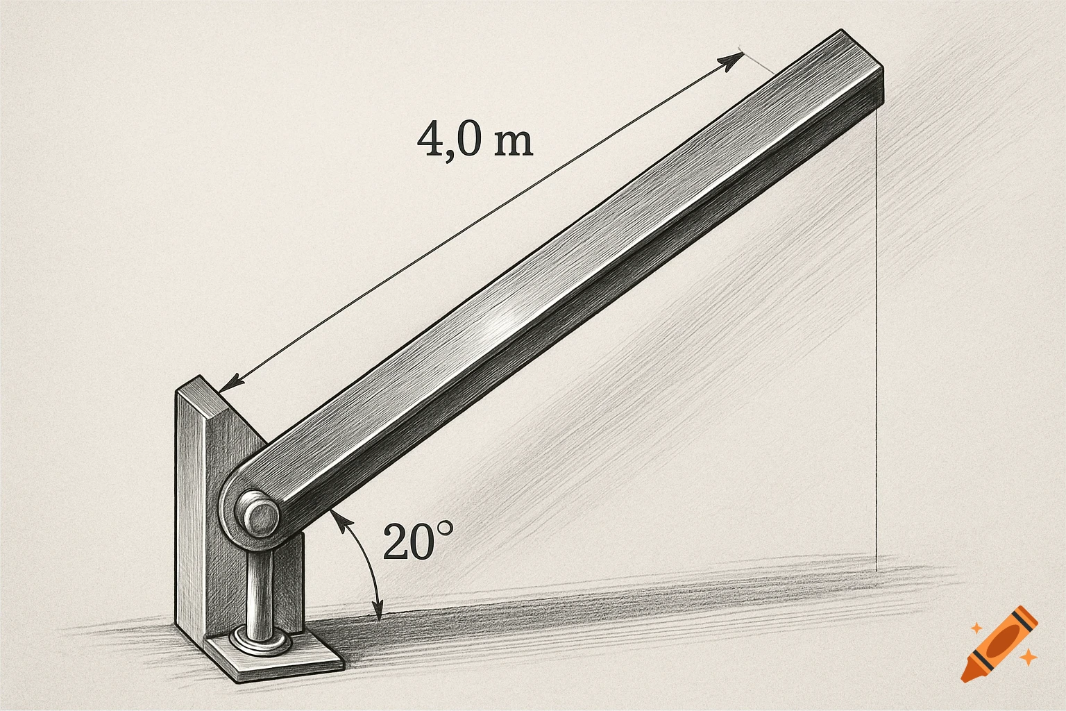 A pencil sketch of a mechanical diagram showing a beam connected to a vertical support by a pin, with dimensions 4.0 m and an angle of 20 degrees labeled.