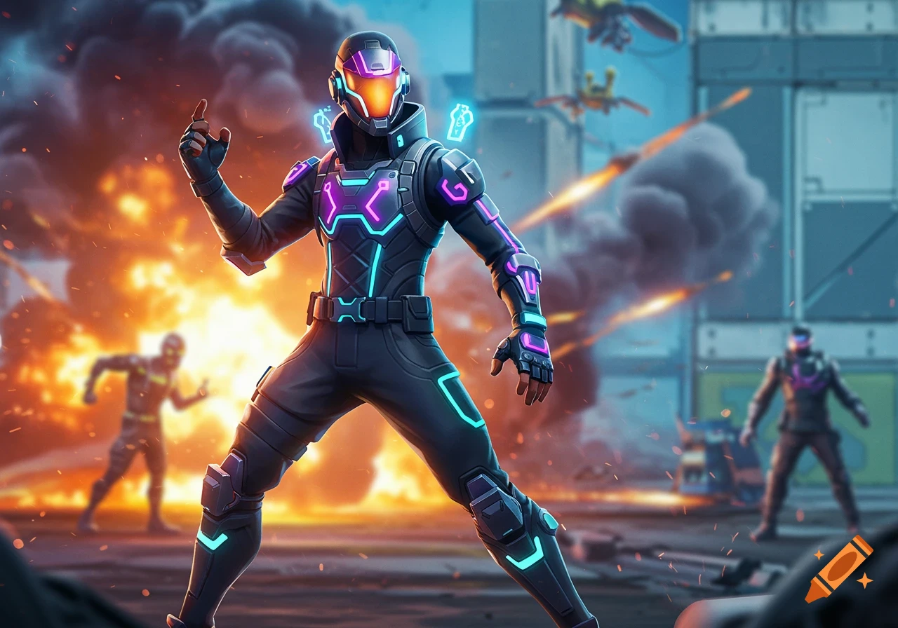 A futuristic soldier in a black and neon suit poses heroically in an urban combat zone with explosions, in a video game style.