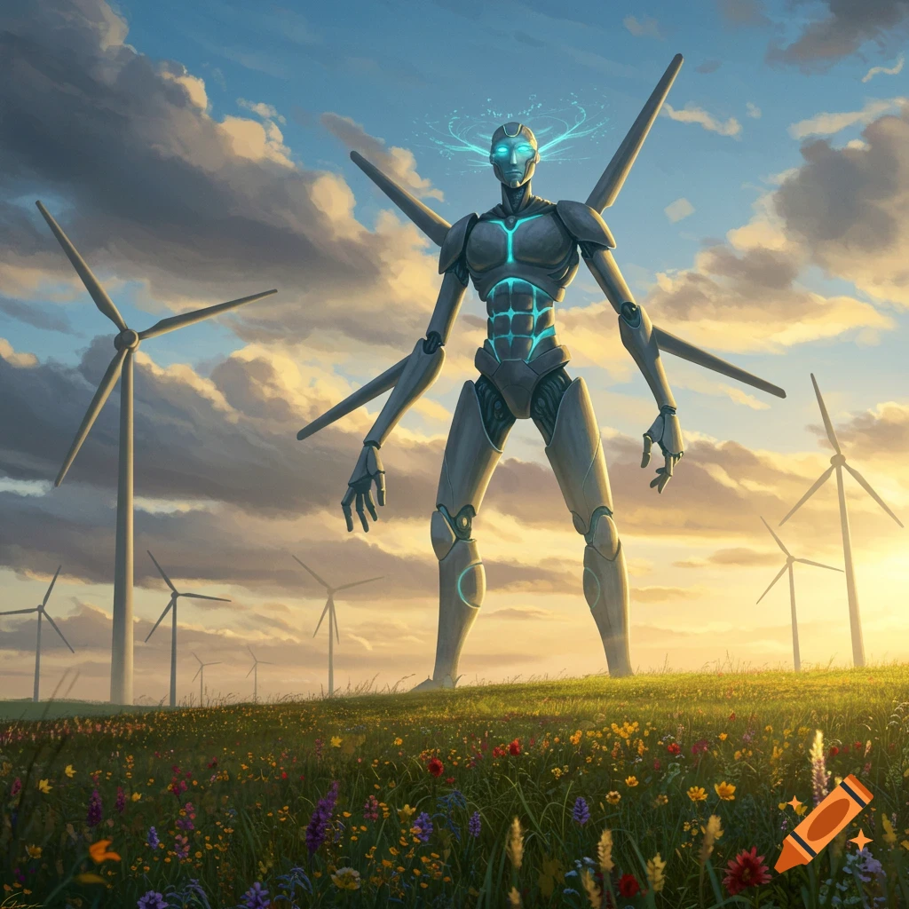 A giant, glowing robot stands in a vibrant flower field surrounded by wind turbines at sunset, digital art.